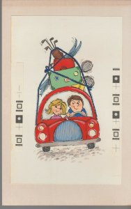 HEADING FOR A VACATION Cute Couple in Red Car 7x11 Greeting Card Art #BV4290