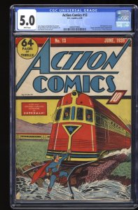 Action Comics #13 CGC VG/FN 5.0 White Pages Scarce 4th Superman Train Cover!