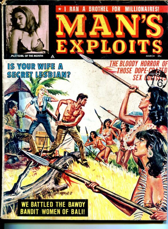 Man's Exploits 3/1964-Natlus-cheesecake-torture-terror-Anaconda Cultists-VG