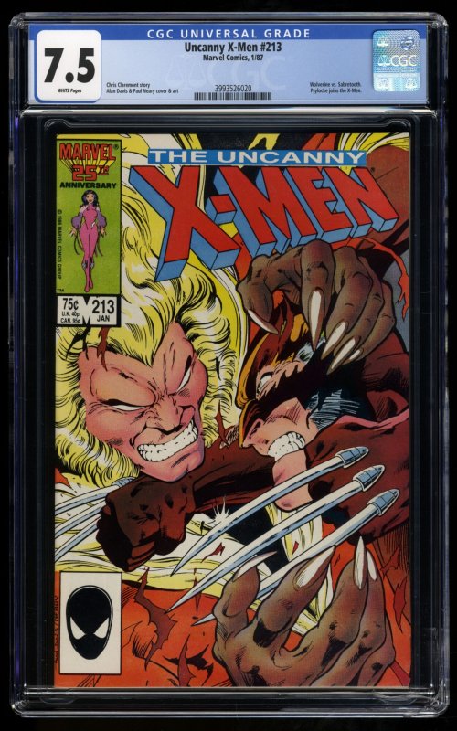 Uncanny X-Men #213 CGC VF- 7.5 White Pages Sabertooth vs. Wolverine!