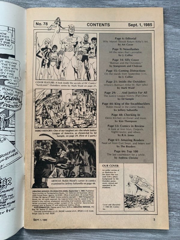 1985 AMAZING HEROES Comic Magazine #78 VG/FN 5.0 Inside the Outsiders