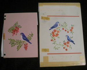 CHRISTMAS  Blue Birds on Branch Pink Flowers 2pcs 7x10 Greeting Card Art #3521