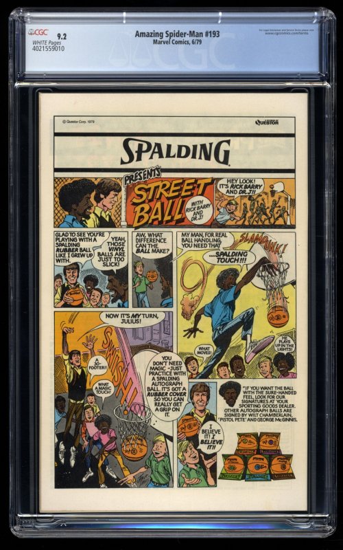 Amazing Spider-Man #193 CGC NM- 9.2 White Pages Human Fly Appearance!