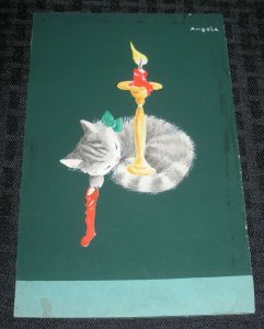 MERRY CHRISTMAS Sleeping Kitten w/ Candle & Stocking 5x7 Greeting Card Art #50