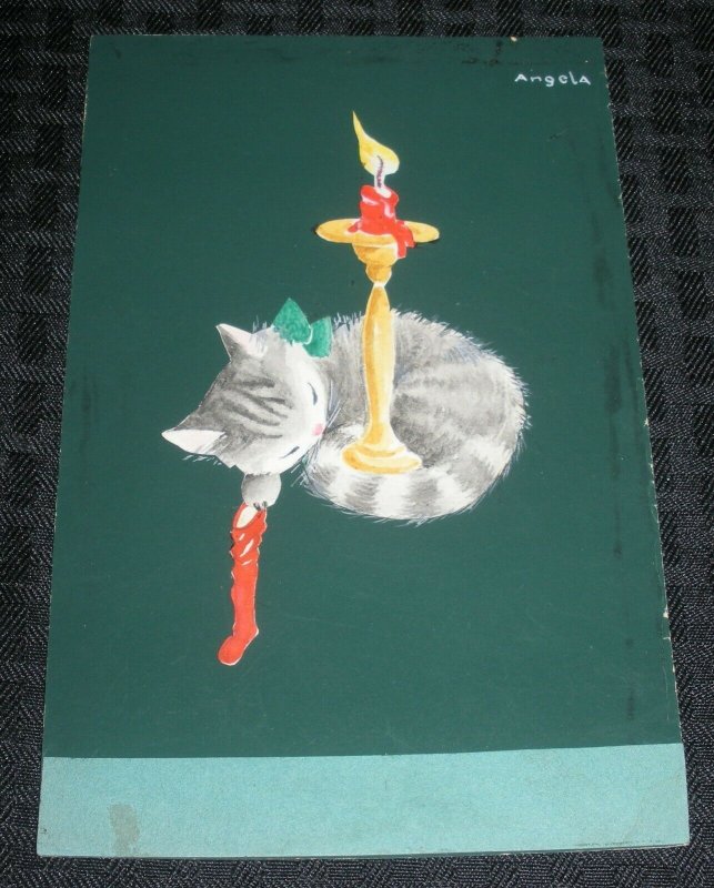 MERRY CHRISTMAS Sleeping Kitten w/ Candle & Stocking 5x7 Greeting Card Art #50