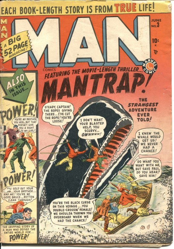 MAN COMICS #3--1950--GIANT WHALE ATTACK--VIOLENCE--TERROR-PRE CODE--RARE MARVEL