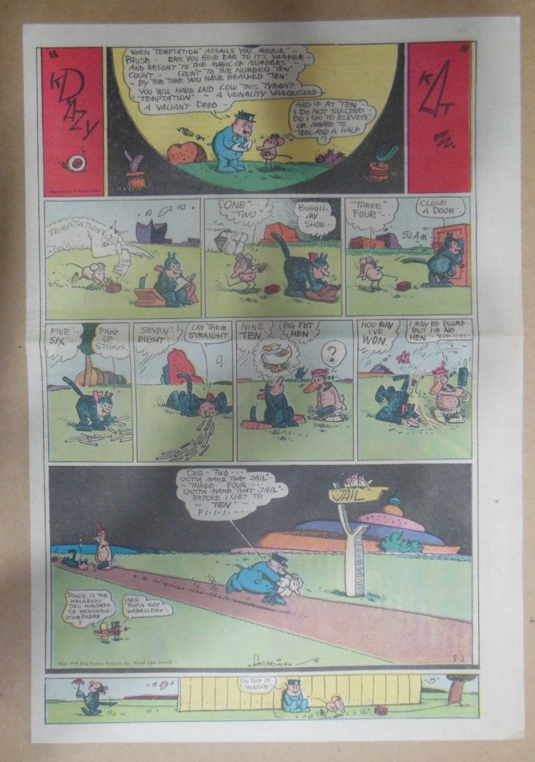 Krazy Kat Sunday Page by George Herriman from 9/3/1939 Size 11 x 15 inch Rare! Comic Books
