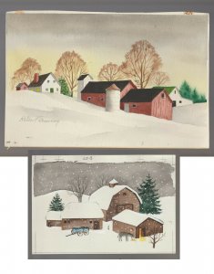 CHRISTMAS Homesteads w/ Horse Cart & Snow 11x7.5 Greeting Card Art LOT of 2