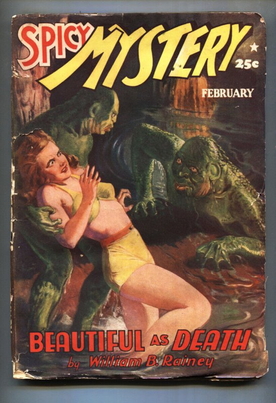 Spicy Mystery Feb 1941-Woman menaced by water monsters Pulp Magazine 