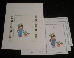 BIRTHDAY Cute Cartoon Girl Potted Flowers Overalls 7.5x9 Greeting Card Art #8106