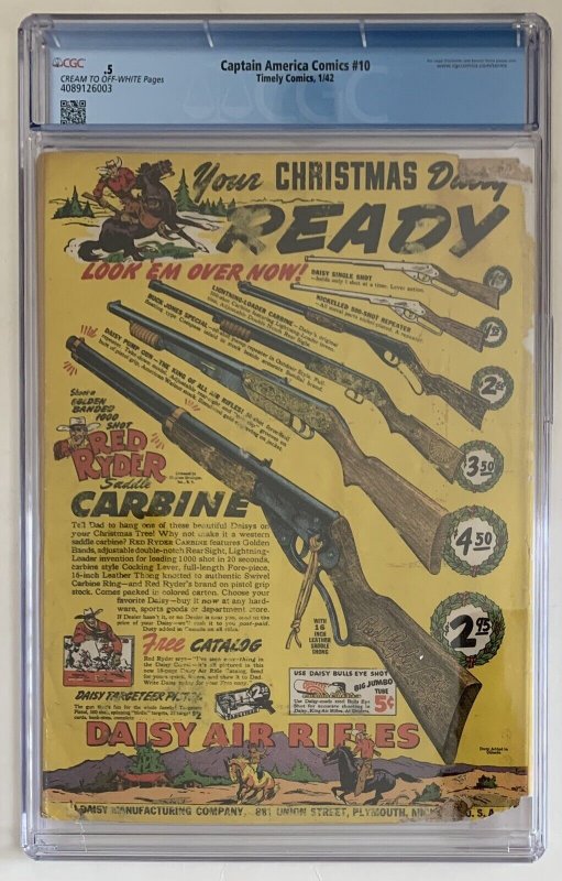 (1942) Captain America Comics #10 CGC Conserved 0.5 Golden Age Classic!