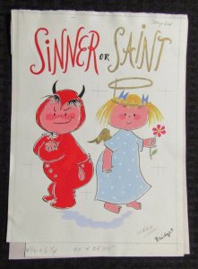 SINNER OR SAINT Cartoon Devil Boy & Angel Girl 7.25x10 Greeting Card Art #V3825