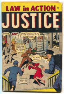 Justice #5 1948- throw a baby on the tracks cover G-