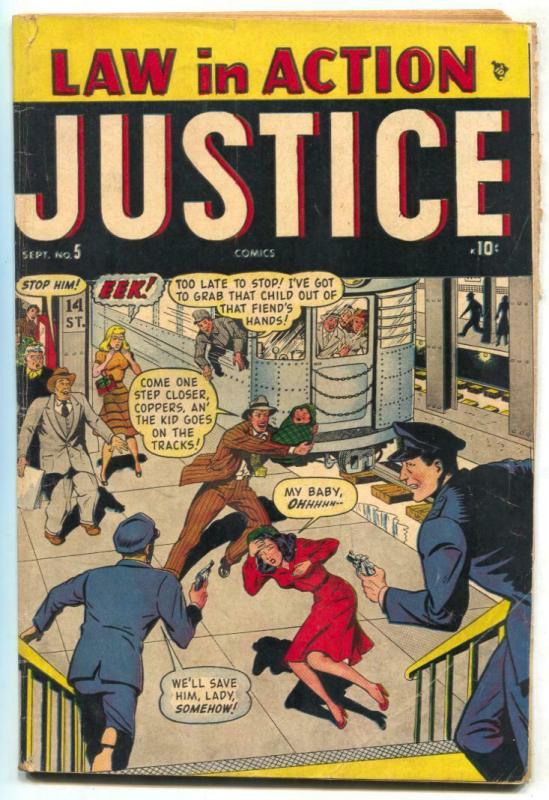 Justice #5 1948- throw a baby on the tracks cover G-