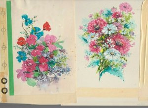 PAINTED FLOWERS Rink Blue Red & Violets 7x9.5 Greeting Card Art LOT of 2