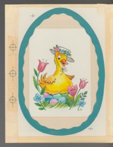 HAPPY EASTER Cartoon Duck with Tulips 5.5x7 Greeting Card Art #E2436