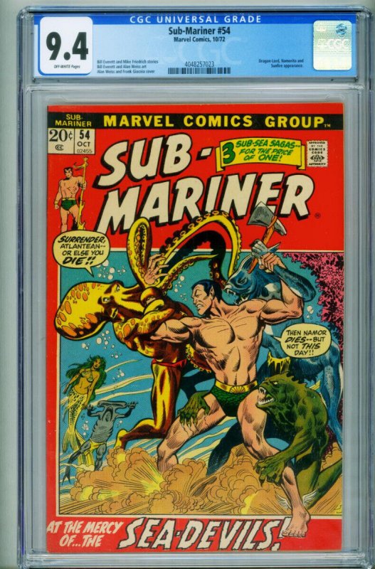 Sub-mariner #54 CGC 9.4 Namorita-Sunfire-comic book 4048257023