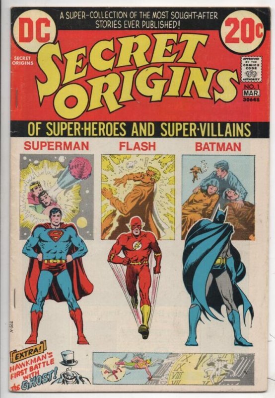 SECRET ORIGINS 1, FN+, Superman Batman, Flash, 1973, DC, Hawkmkan