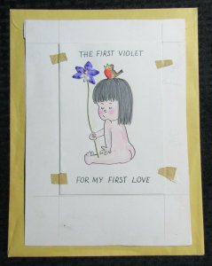 FOR MY FIST LOVE Cartoon Girl with Bird & Flower 5x7 Greeting Card Art #B1521