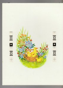 BEST WISHES Cute Easter Ducks in Basket Flowers 7.5x10 Greeting Card Art #E2342