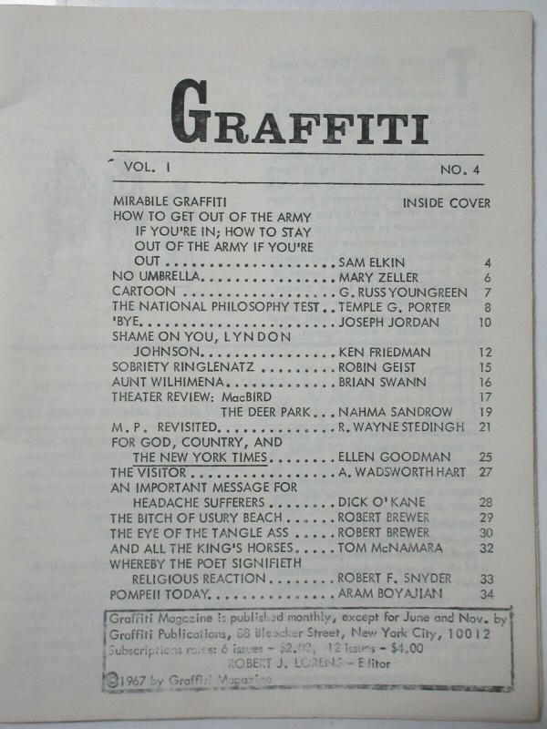 Graffiti Magazine Robert J. Lorens Editor No. 4 June 1964 Beatnik Lit + Cartoons