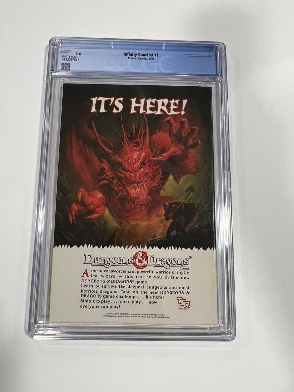 INFINITY GAUNTLET 1 CGC 9.4 WHITE PAGES MARVEL 1991 