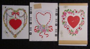 VALENTINES Hearts w/ Flowers & Ribbon 5x7.5 Greeting Card Art LOT of 3 #V3517