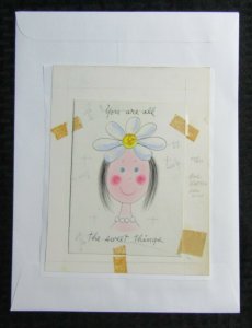 ALL THE SWEET THINGS Cartoon Girl w/ Flower 4.5x6.25 Greeting Card Art #BB8890