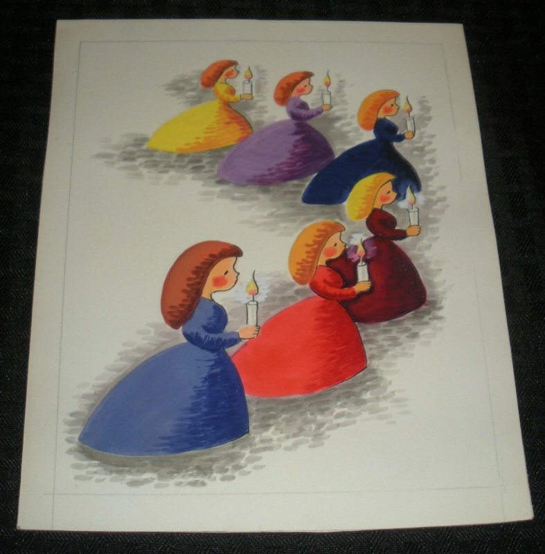 MERRY CHRISTMAS Girls in Dresses w/ Candles 7x8.5 Greeting Card Art #1972