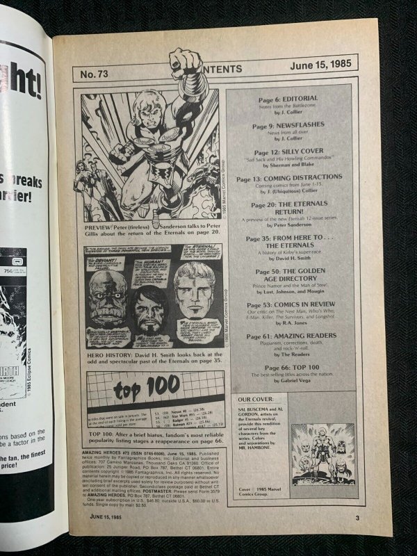 1985 AMAZING HEROES Comic Magazine #73 FVF 7.0 Past & Future Eternals