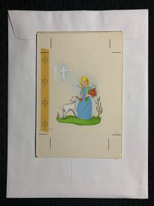 HAPPY EASTER Angel in Blue Dress & White Lamb 5.5x8 Greeting Card Art E2235