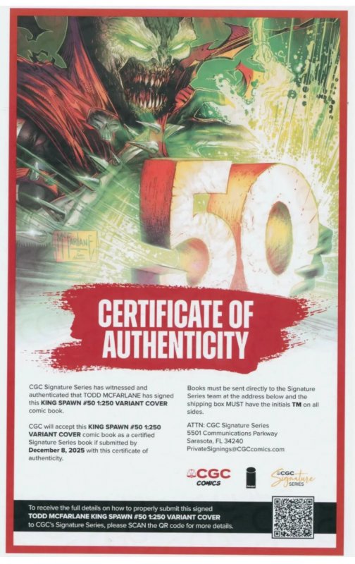 KING SPAWN #50 IMAGE 2025 1:250 VIRGIN VARIANT SIGNED W/COA TODD MCFARLANE NM
