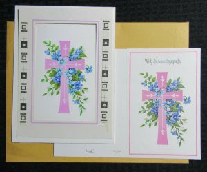SYMPATHY Pink Cross w/ Blue Flowers 6.5x8.5 Greeting Card Art #12061 w/ 1 Card