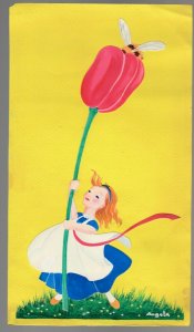 HAPPY EASTER Cute Girl w/ Giant Tulip & Bee 6.5x11 Greeting Card Art #1184