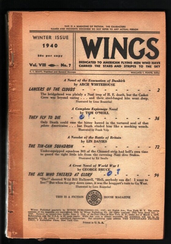 WINGS WINT 1940-BARGAIN COPY-AVIATION PULP! FR