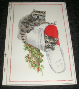 MERRY CHRISTMAS Raccoons in Mailbox 4.5x6.25 Greeting Card Art #10-12