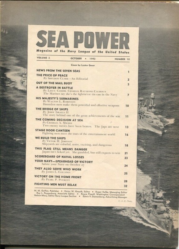 Sea Power 10/1943-McClelland Barclay cover art-war pix &info-rare-G/VG