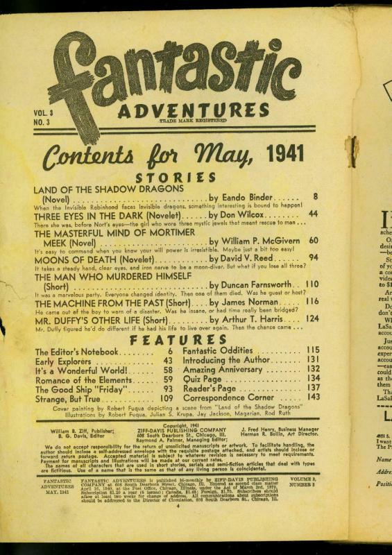 Fantastic Adventures Pulp May 1941-Land of the Shadow Dragons- Eando Binder POOR