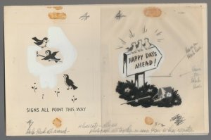 HAPPY DAYS AHEAD w/ Singing Birds & Sign 2-Panel 11x7 Greeting Card Art #nn
