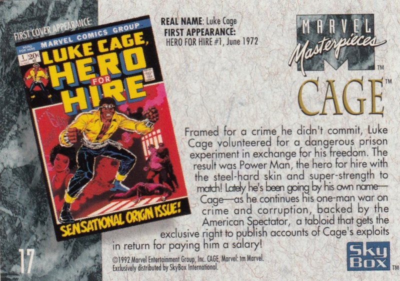 1992 SKYBOX MARVEL MASTERPIECE  CAGE CARD #17