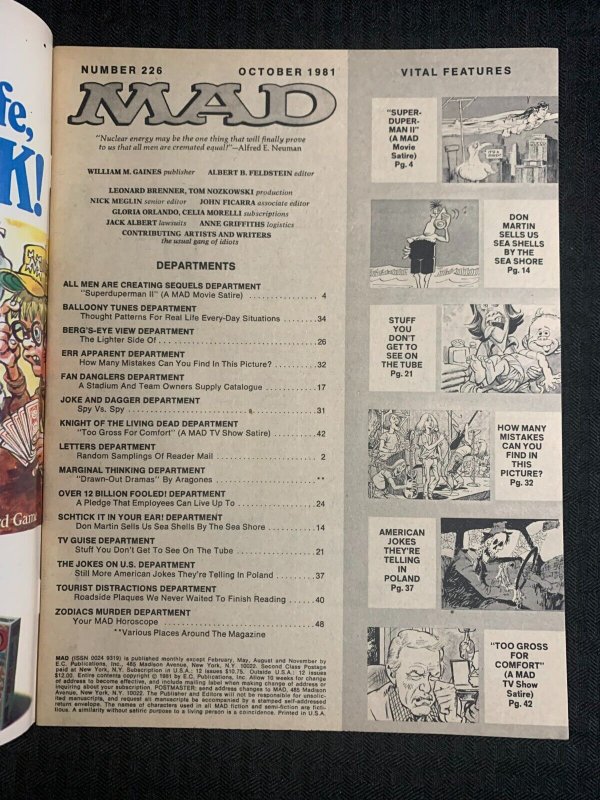 1981 MAD Magazine #226 FN 6.0 Alfred E Neuman / Superman II / Dave Berg