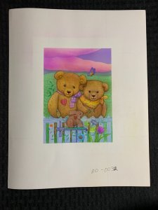 THANK YOU NOTE Cute Teddy Bears Butterfly & Fence 10x13 Greeting Card Art #0032