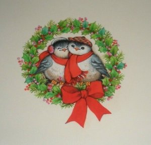 CHRISTMAS Cute Love Birds w/ Wreath & Bow 8.5x6.75 Greeting Card Art #22