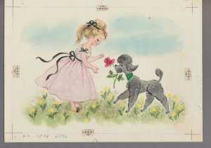 BIRTHDAY Cute Girl in Pink Dress w/ Poodle & Rose 9x6.5 Greeting Card Art #B1534 