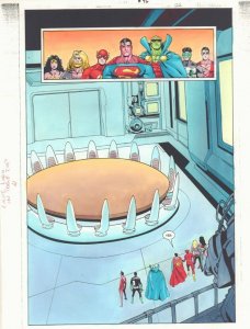 JLA #46 p.22 Color Guide Art - Justice League Roundtable Splash - by John Kalisz