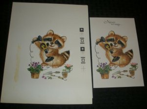 SAY HELLO Cute Raccoon on Phone w/ Flowers 7.5x9.5 Greeting Card Art #8470