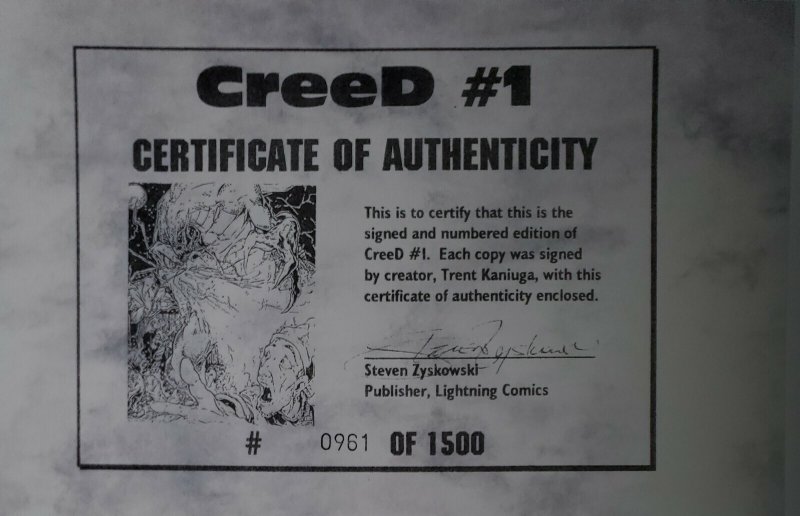 Creed #1 Signed Trent Kaniuga #'d 961/1500 COA Lightning Comics Sept 1995 (VFNM)