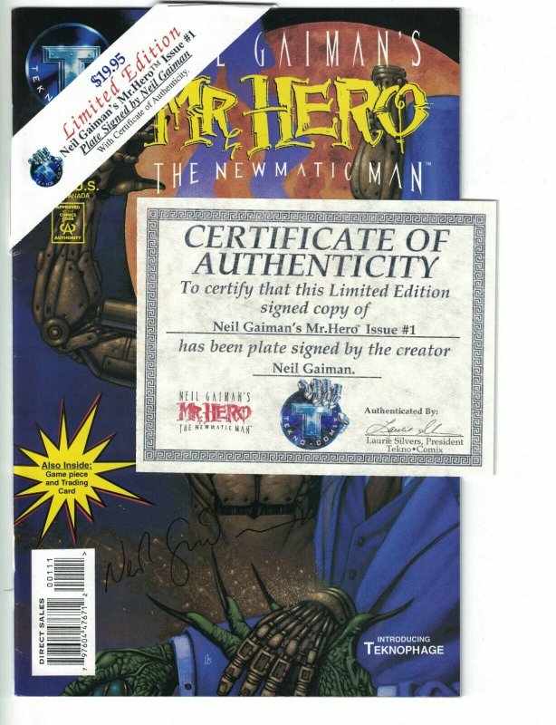 Mr. Hero - The Newmatic Man #1 VF plate signed by Neil Gaiman - limited w/COA