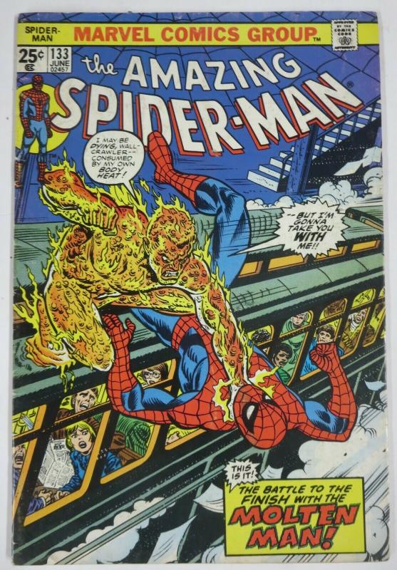 AMAZING SPIDER-MAN  #133 (Marvel,6/1974)VG- Molten Man! Conway & Andru