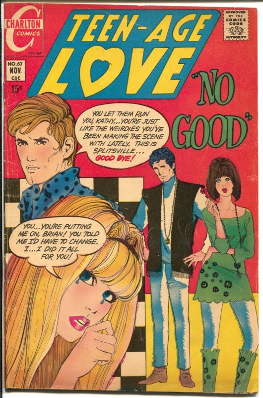 Teen-Age Love #67 1969-Charlton-hippie cover-surfboard-Jonnie Love-Corvette-VG